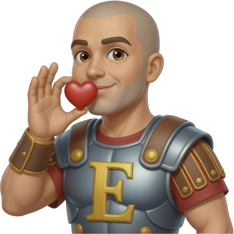 Muscular Roman soldier bald brown eyes smiling letter E on breast plate blowing a heart with hand kiss emoji