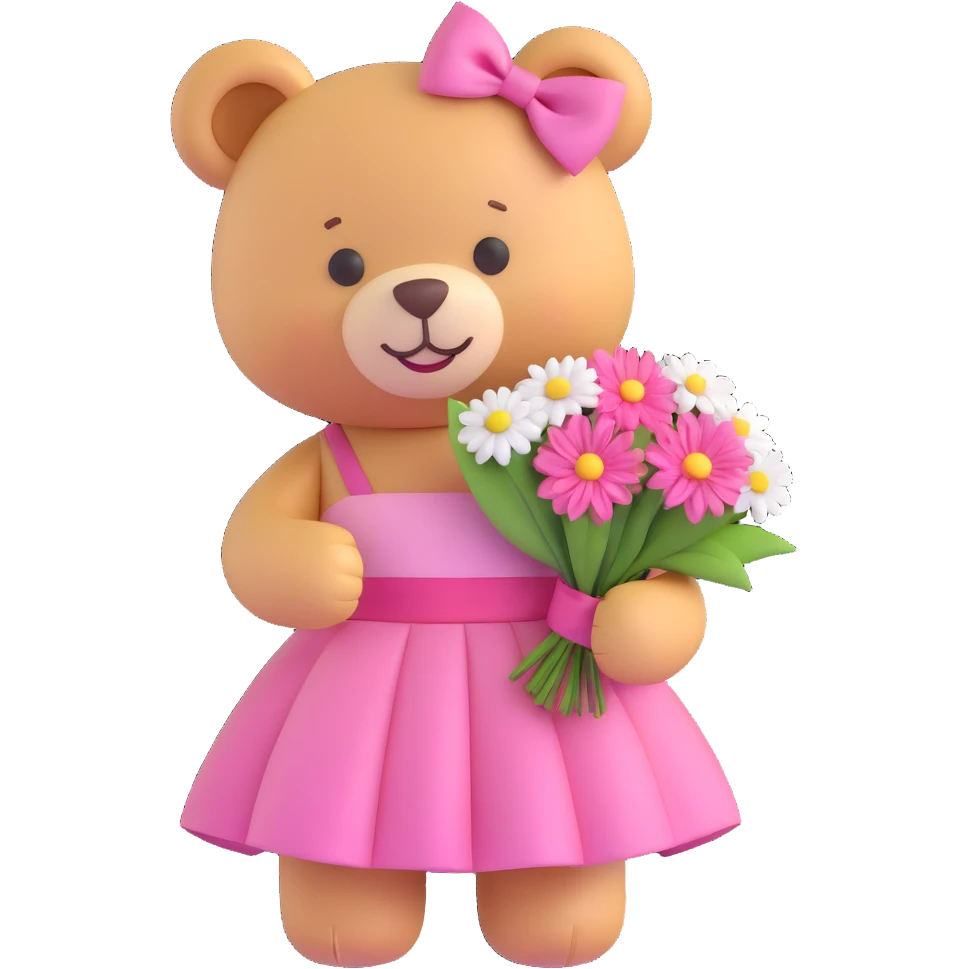 A cute teddy bear with a pink bow on its head, holding a bouquet of white flowers, in a 3D iOS Disney style, with a soft pink background and hearts floating around, wearing a pink dress and a big smile. emoji