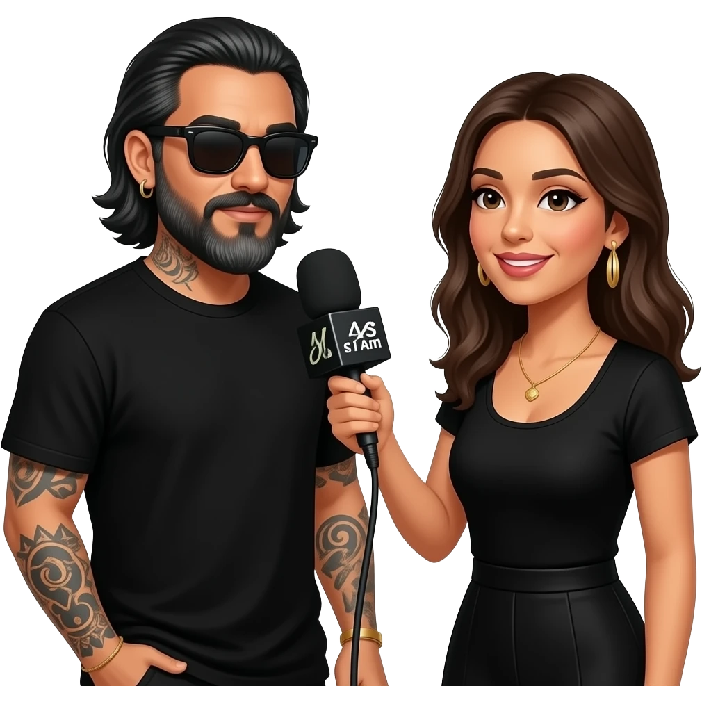 A podcast host, a handsome Latino man with medium length hair, a graying long beard, tattoos, hoops in his nose and ear, all in black with sunglasses, interviews a woman in front of a microphone with a logo reading "As I Am." emoji