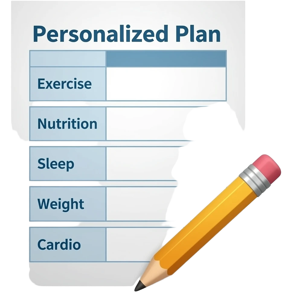 A gym workout plan, with a pencil in the corner and titled "Plan personnalisé" should clearly state the following: 
Exercice
Alimentation
Sommeil
Poids
Cardio emoji