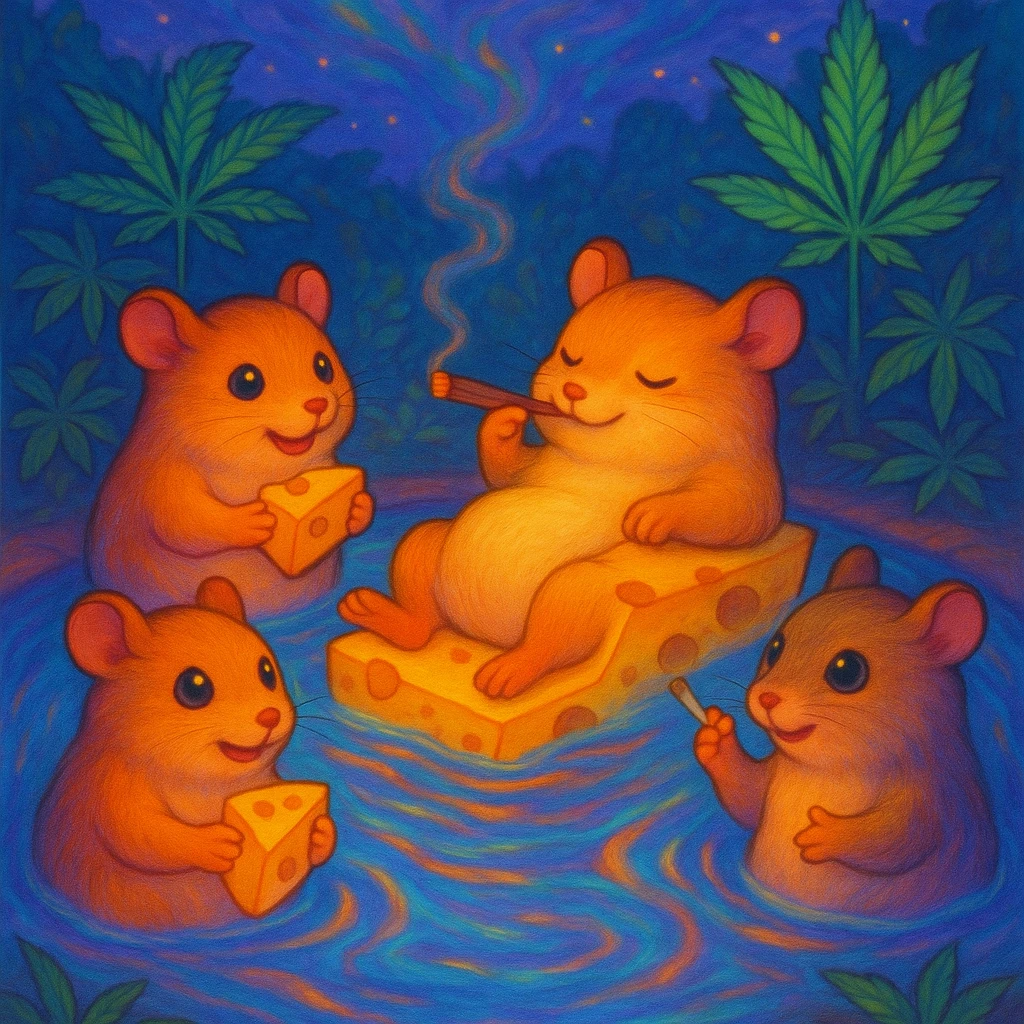 Reformat the image for a Discord server icon: crop to a centered, simple, circular composition, keep the main hamster cult pool party theme, vibrant Ghibli style, clear at small size. emoji