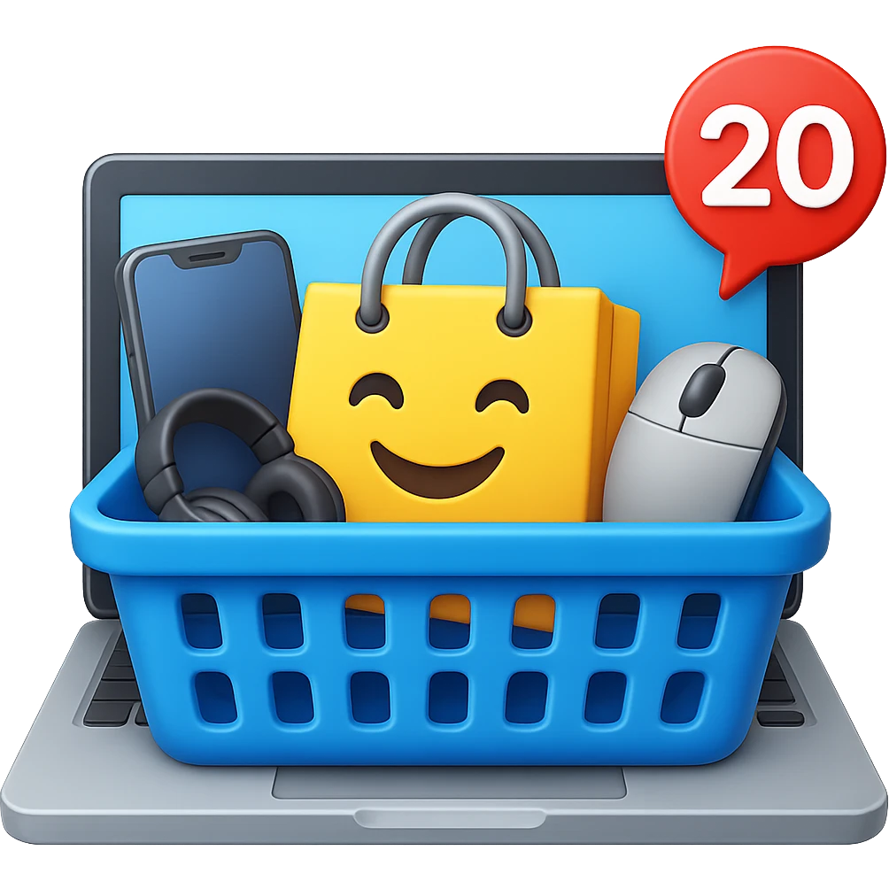 Create a high fidelity emoji style variant with smooth edges featuring a laptop instead of a desktop, a shopping basket showing tech items like a phone, headphones, and mouse instead of food, and an emoji shopping bag. The style should resemble emoji style with smooth edges and high detail. emoji
