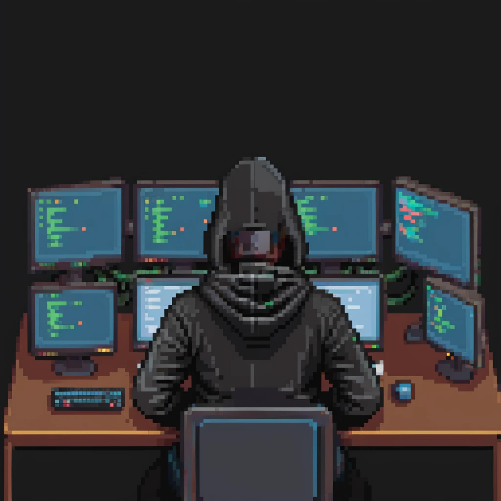 pixel art of a programmer in a dark hoodie, sitting at a desk with multiple monitors emoji
