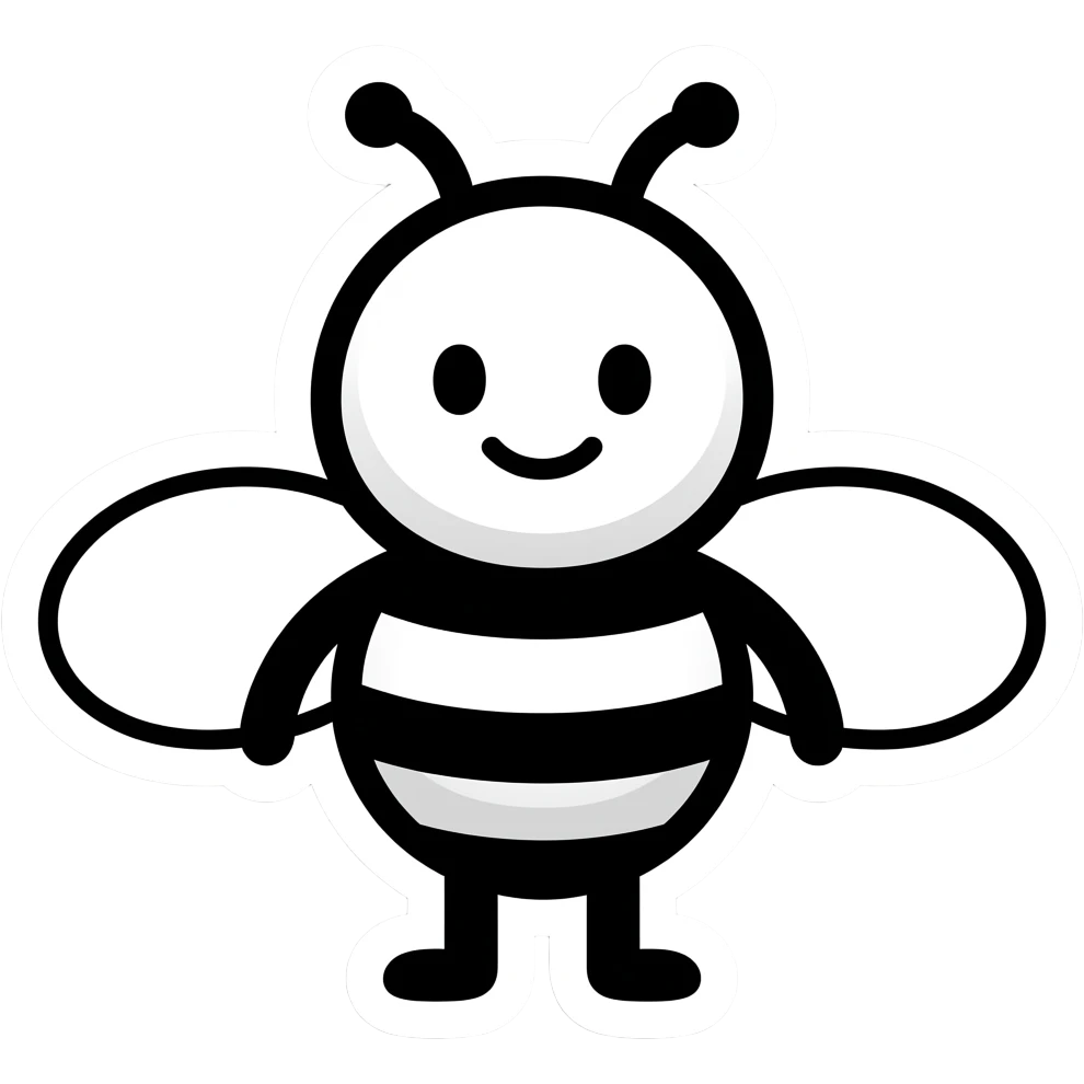 minimal bee mascot, straight mouth line, dot eyes, calm expression, ultra minimal black and white, bold outline, white sticker border emoji