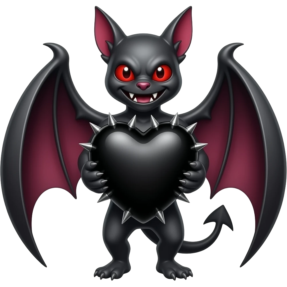 Evil bat holding a big black heart with spikes emoji