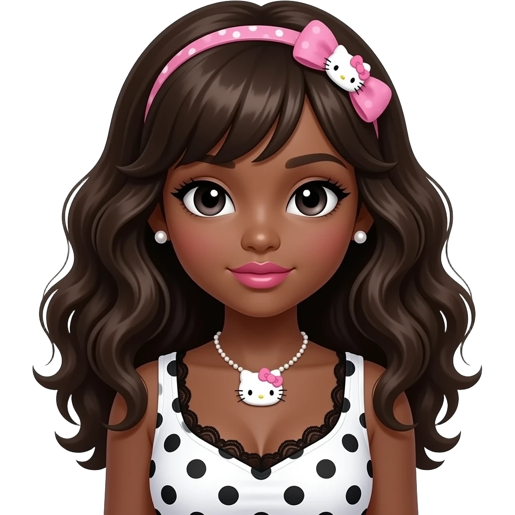dark brown eyebrows, pearl earring studs, black girl, pink lips, my melody hairclip, dark brown skin, Doll faced shaped, hello kitty necklace, bimbo, black doll eyes, Big lips, long curly dark brown hair, with white or black lace pink polka dots with gyaru sleeveless shirt, with big breast emoji