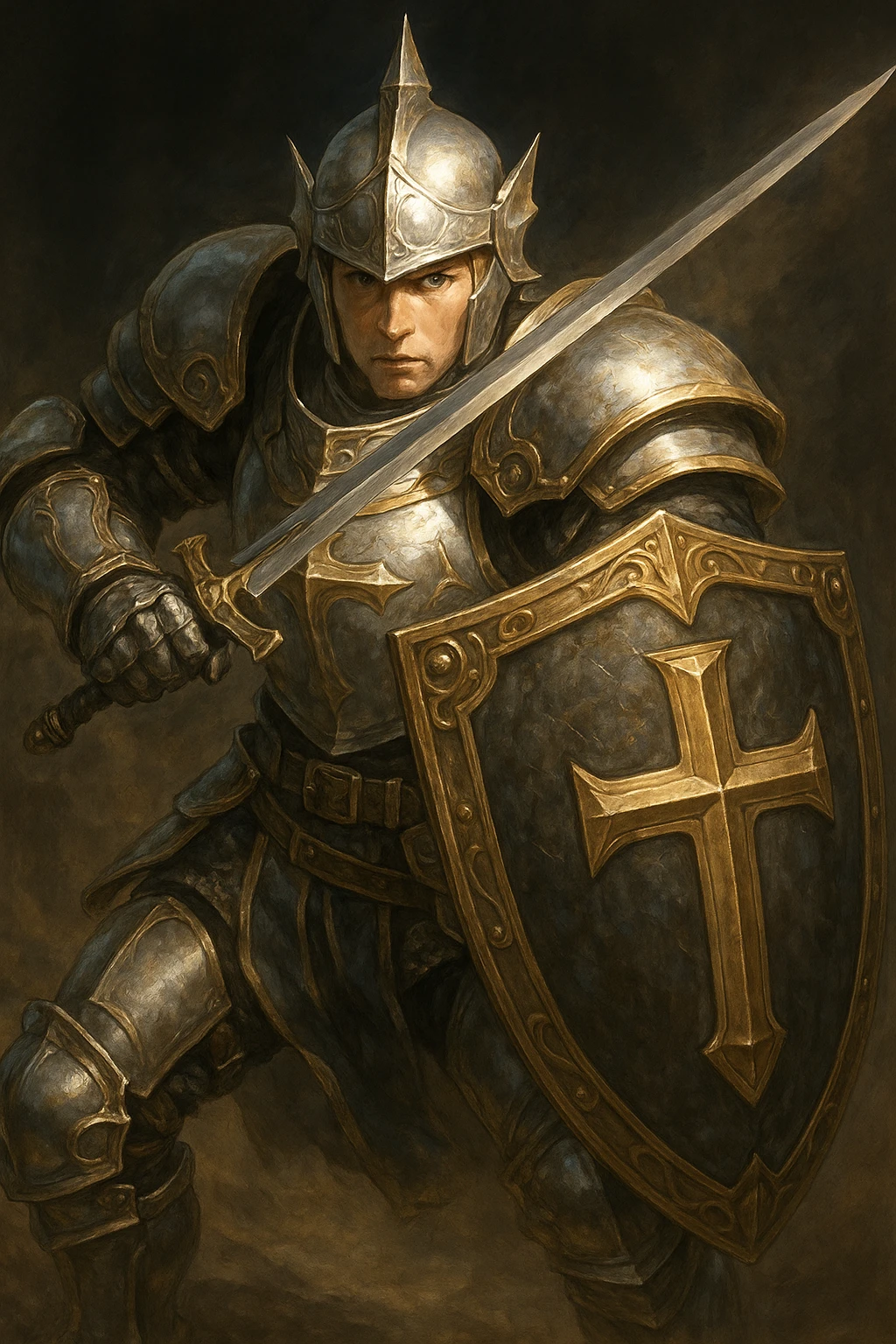 FFXI Paladin, shining armor, defensive stance, shield forward, fantasy game art emoji