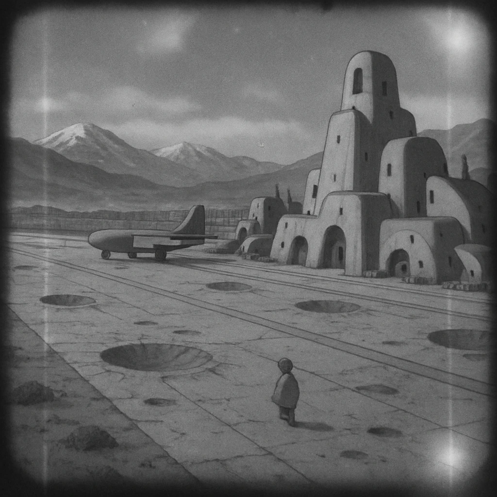 8mm film black and white, no color, light leaks. the image shows post-war reconstruction-era life in the z'rian commonwealth capital region, santa-fe neo-adobe futuristic architechture. arctic temperate region. the image shows a vast airstrip, craters and blast marks, mountains in the vast distance emoji