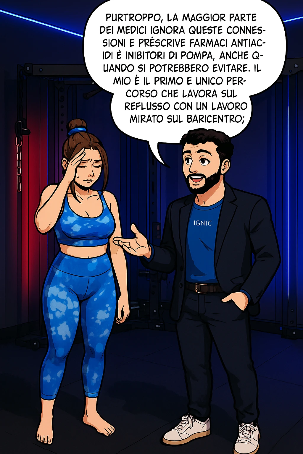 TRASFORMA QUESTO CAROSELLO IN UN FUMETTO STILE WEBTOON/MANGA A COLORI CON QUESTE DUE PERSONE IDENTICHE CHE INTERLOQUISCONO TRA LORO, L'uomo sta spiegando alla donna questo concetto MENTRE LA DONNA SI TIENE la mano sulla fronte sconcertata:

LUI (UOMO): Purtroppo, la maggior parte dei medici ignora queste connessioni e prescrive farmaci antiacidi e inibitori di pompa, anche quando si potrebbero evitare.
Il mio è il primo e unico percorso che lavora sul reflusso con un lavoro mirato sul baricentro; emoji