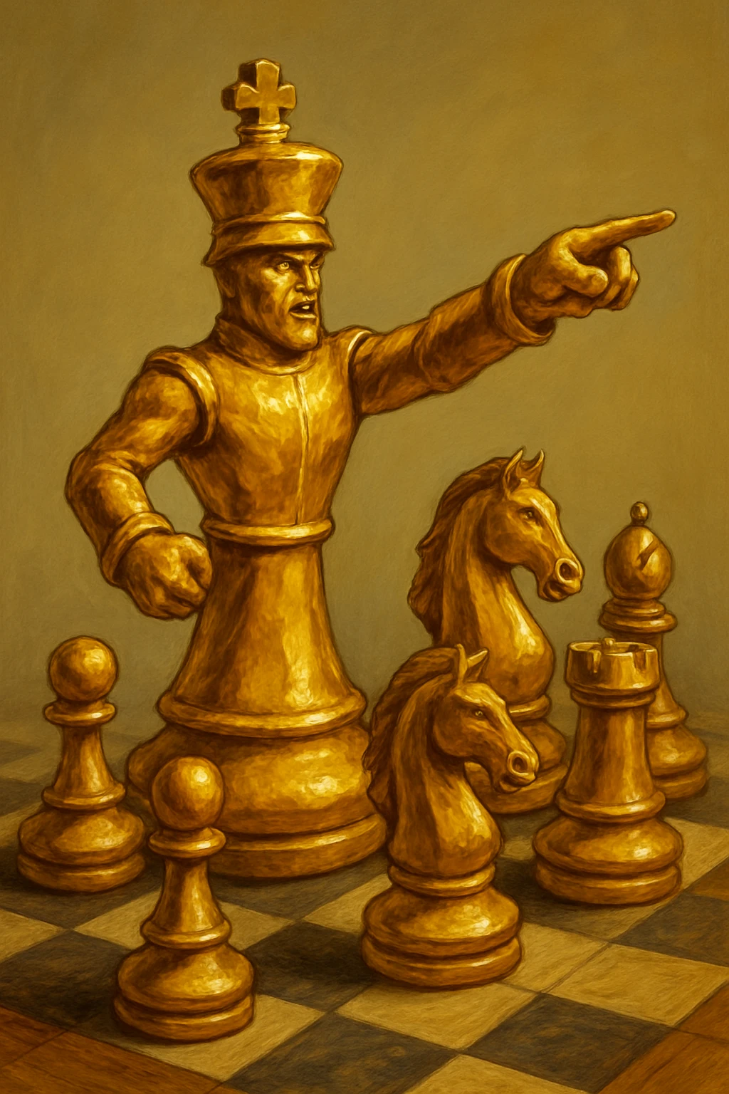 В cлегка рисованной, но при этом объемной, яркой и фотореалистичный стилистике сгенерируй картинку где по центру стоит шахматный король сделанный из качественного золота, он указывает пальцем в даль как военноначальник, а рядом фигуры пешек, конь, ладья, слон идут в атаку, на полу виднеется шахматная доска, фон позади фигур однотонный emoji