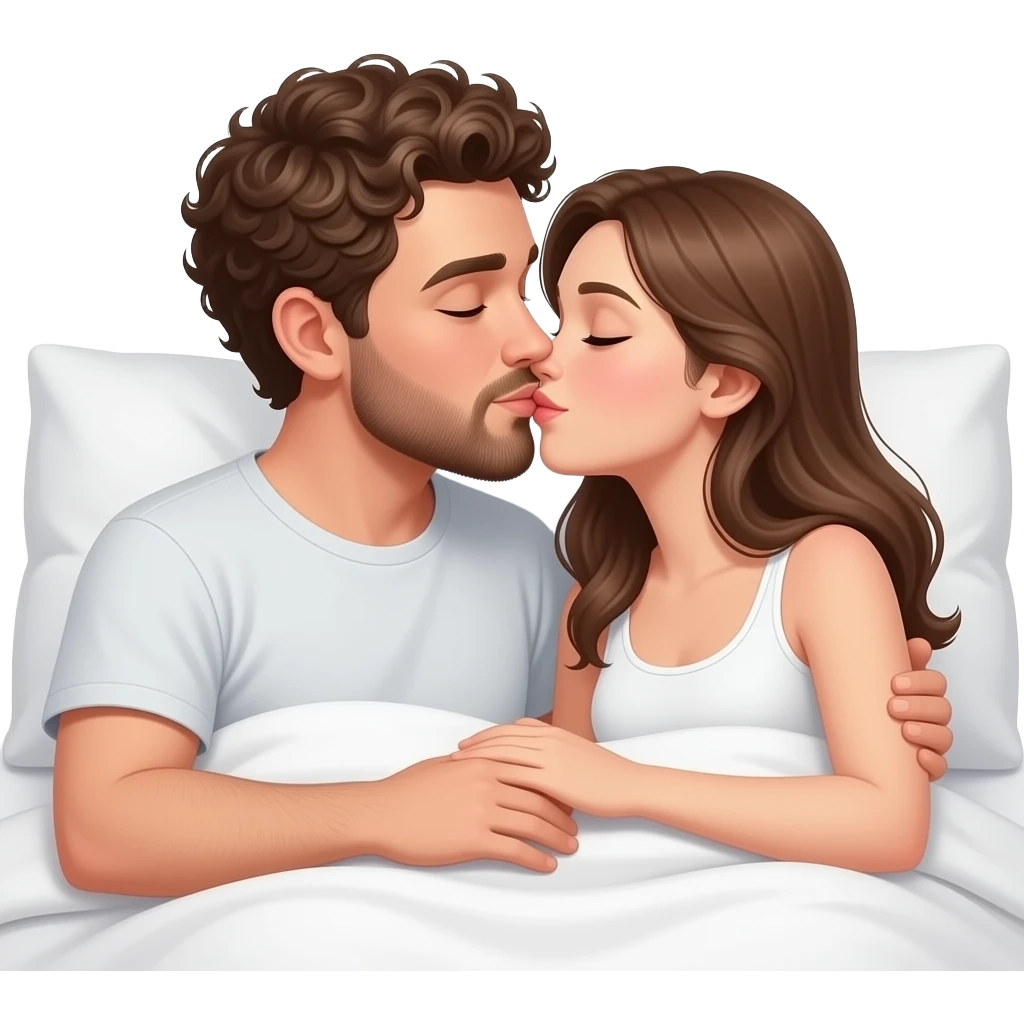 Realistic white man brown super short curly hair with beard kissing in bed realistic white girl brown hair emoji