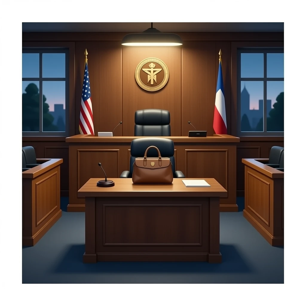 "Surreal courtroom scene, an empty judge’s bench with a handbag placed on the judge’s seat as if it is the judge. Wooden courtroom, gavel on the bench, cinematic lighting, slightly humorous and mysterious, high detail." ✨ emoji
