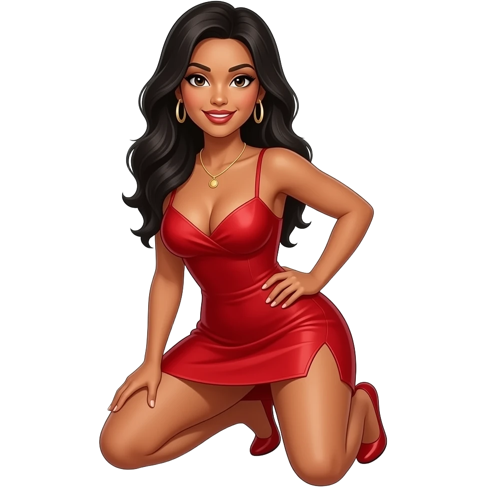 Make an emoji of a dark skin Latino female with long black hair, wearing a sexy red dress twerking with her hands on her knees emoji
