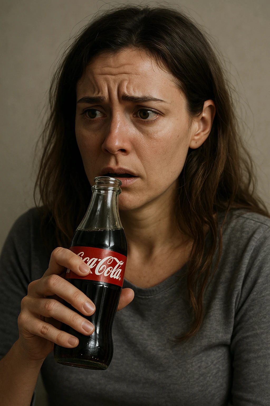 donna con ansia. Che beve coca cola. Immagini realistiche emoji