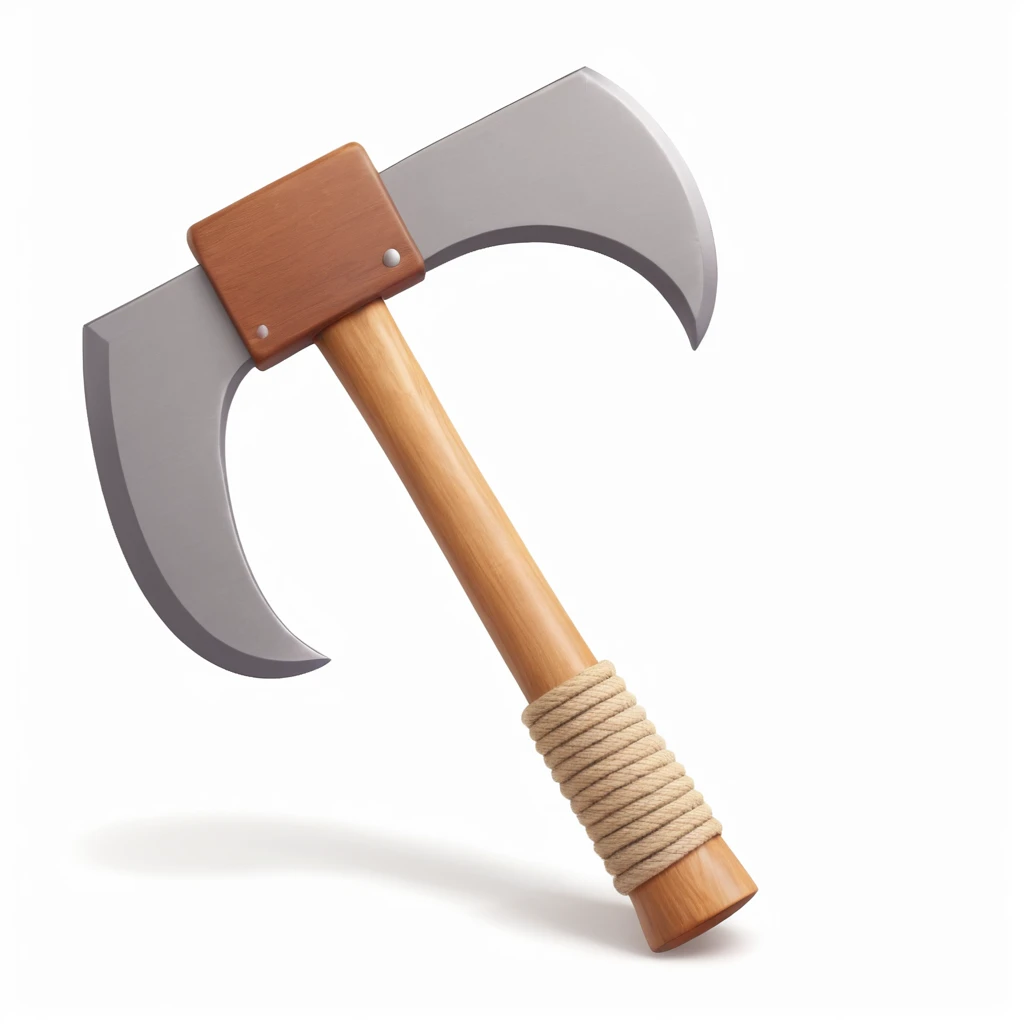 3D emoji style cartoon Stone Age hand axe, primitive and sturdy, with a light brown wooden handle, thick rope, and a gray stone blade. Clean white background, soft shadows, and glossy highlights for a 3D emoji look. emoji