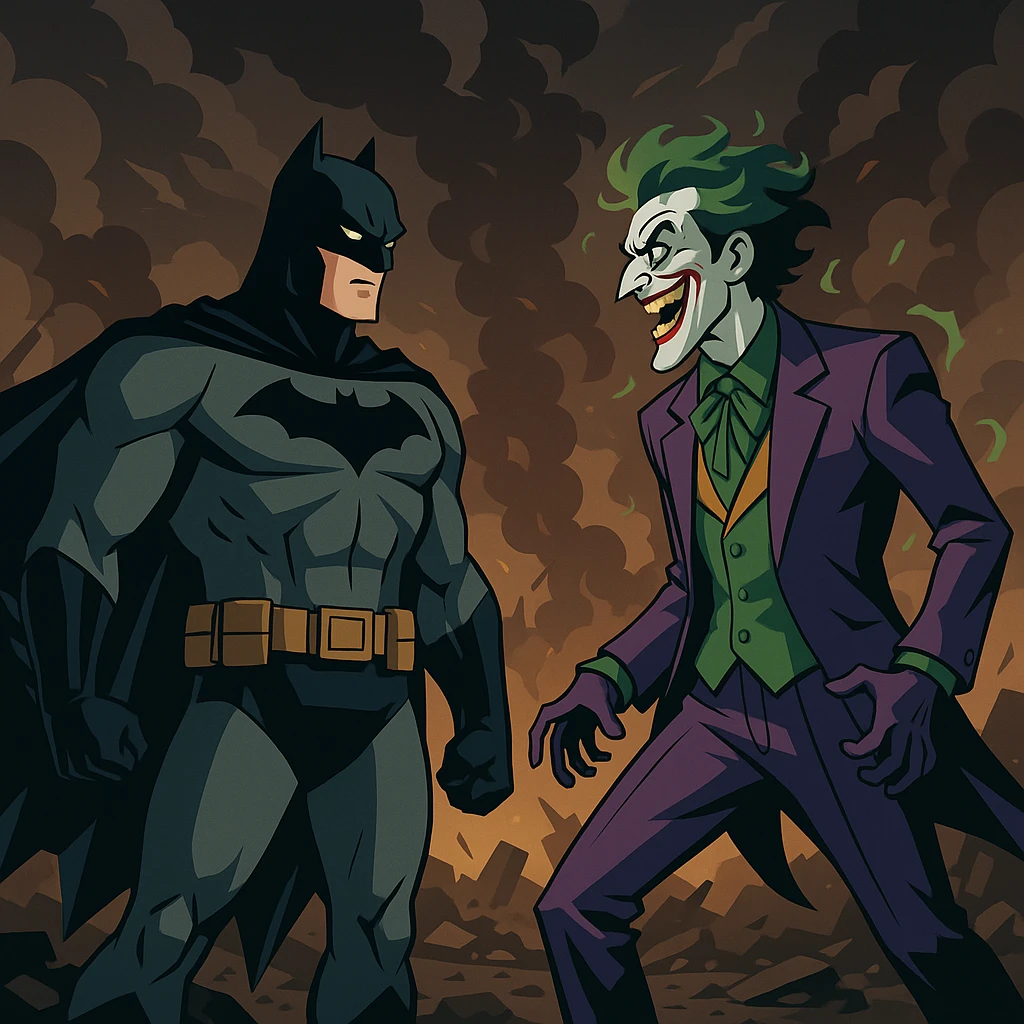 vector art of batman and joker, battleground background 
 emoji