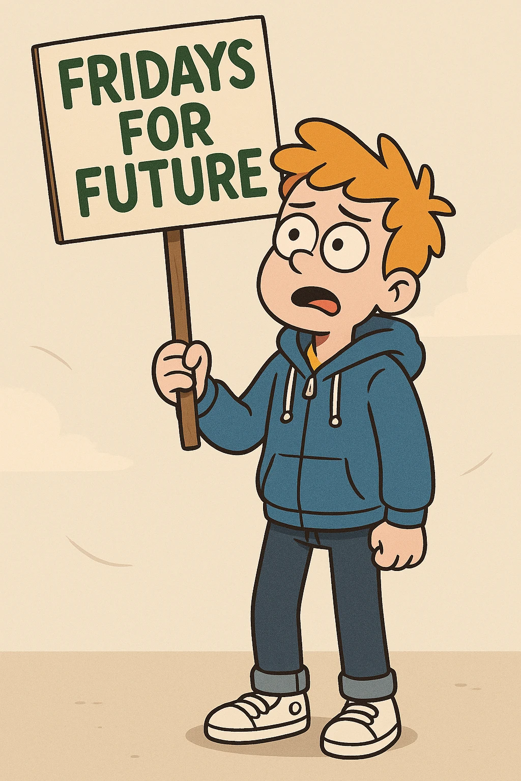  Fridays for Future a boy Yellow Orange hair shirts blue jackets hoodie dark blue jeans white shoe  emoji