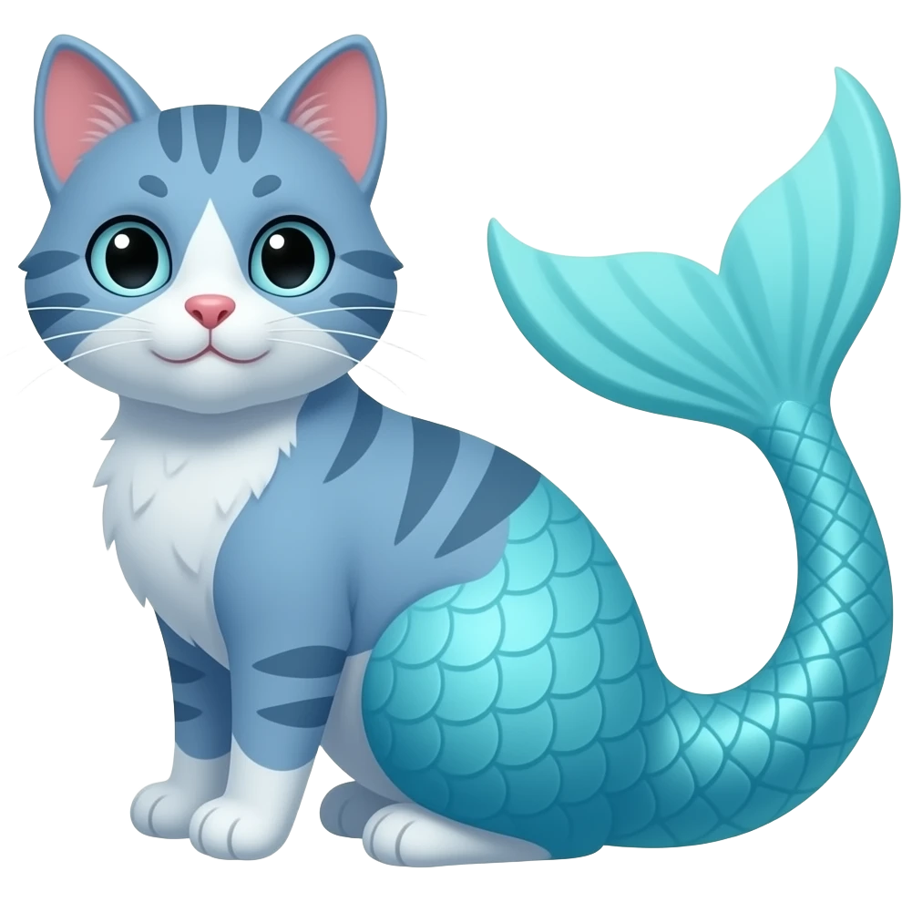 A blue cat with long #B8FFFF mermaid tail whole  rat bulgeing inside a #B8FFFF mermaid tail emoji