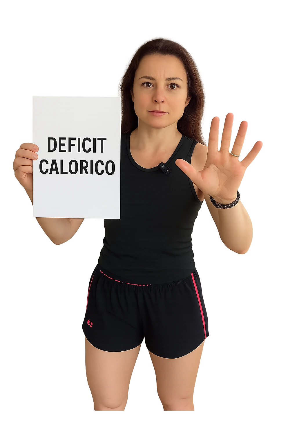 Donna con in mano una dieta con scritto "Deficit Calorico" emoji