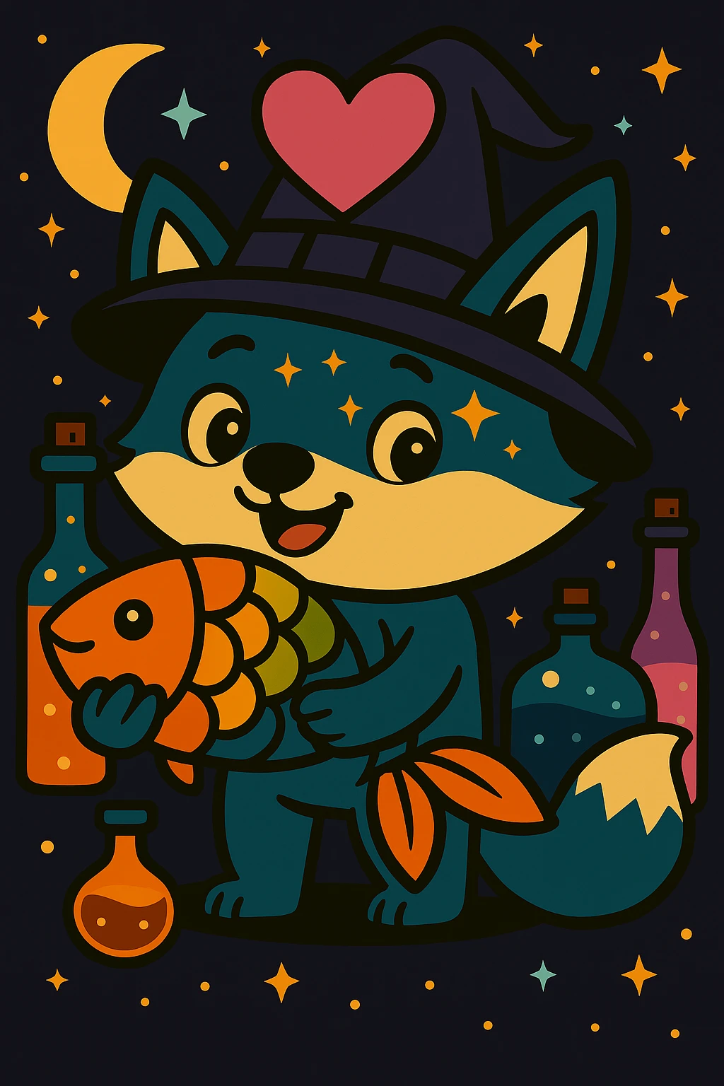 Change the witch hat on the blue fox to purple and add sparkles to the hat, keep the magical, witchy background and big pink heart, in vibrant toon style. emoji
