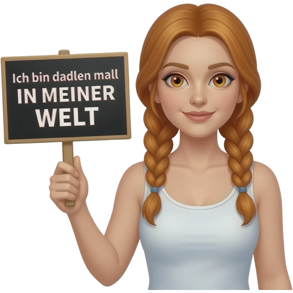 sexy girl with long ginger braids and ginger eyes wearing a white tanktop is holding a black sign with Ich bin dann mal IN MEINER WELT written on it emoji