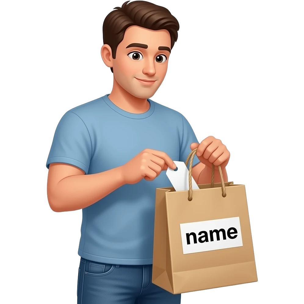 man checking name label on shopping bag. informally dressed and name label says "name" on it emoji