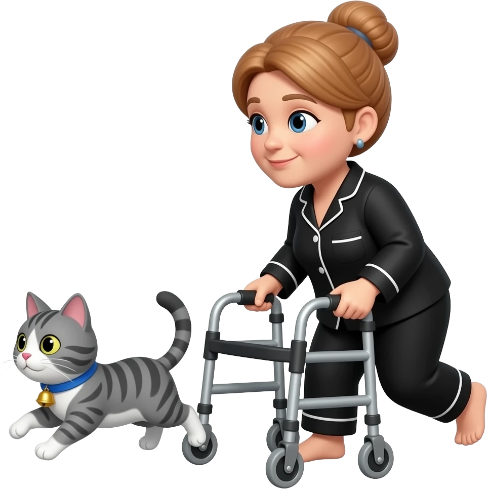 Tiny emoji, Middle aged, a little heavy set, d, light auburn hair in a bun, woman in  black pajamas using walker, chasing after a grey and white tabby cat with a blue collar and round bell emoji