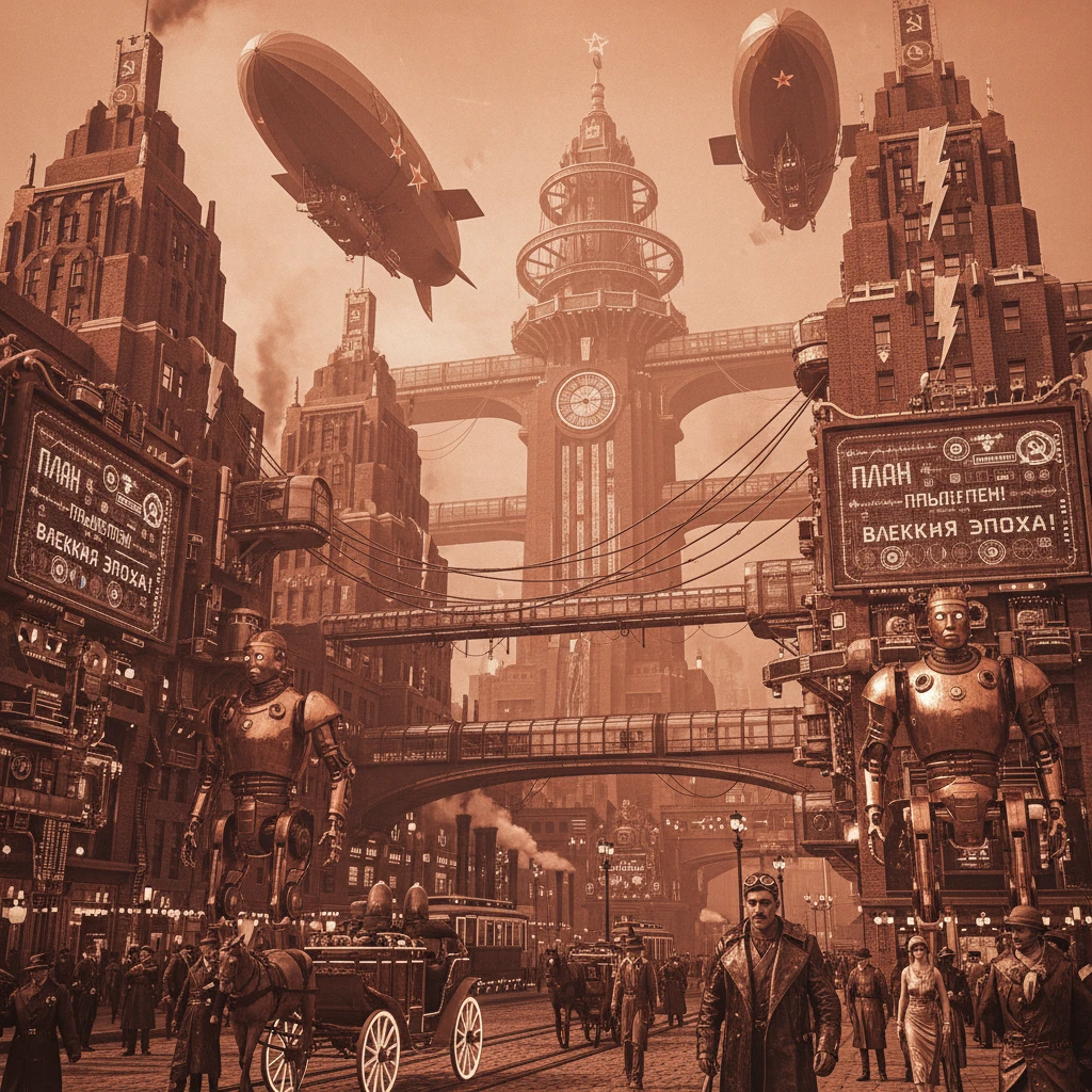 Советский умный-город. Ретро-киберпанк. Но без современных технологий, а в 1920 году. Стиль фотореализм

 emoji
