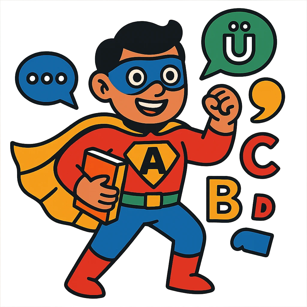 super hero character themed around language learning, with books, speech bubbles, or letters as motifs, fun and inviting style emoji