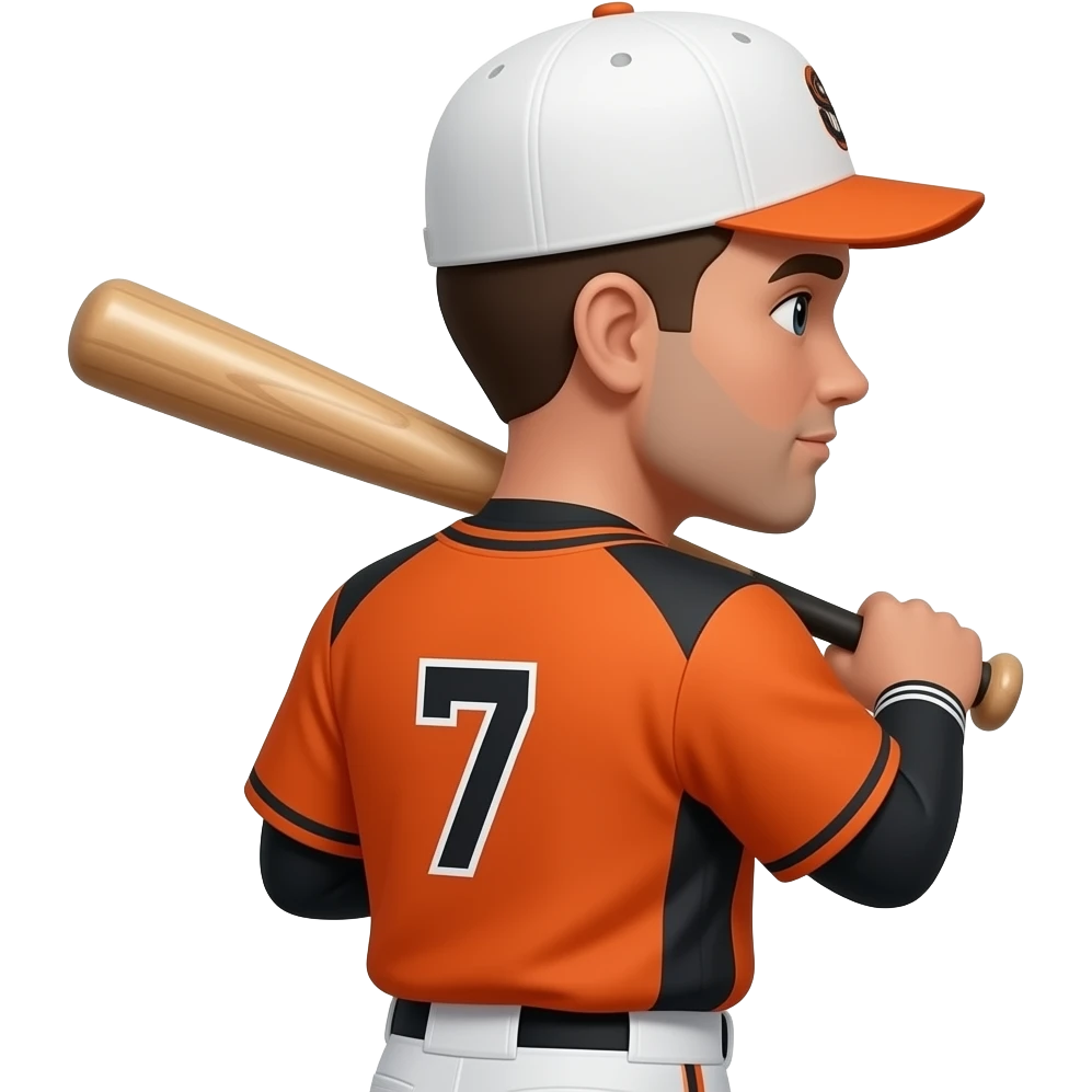Make a baseball player wearing number 7, the jersey color is orange and black make the hair a dark brown low taper fade and put a white hat on. And put a bat on the shoulder, make there skin color tan and make them turned around emoji