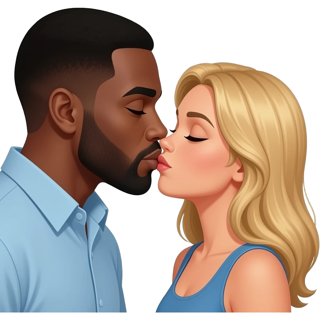 Tall black man getting kissed by a Spanish blonde hair emoji