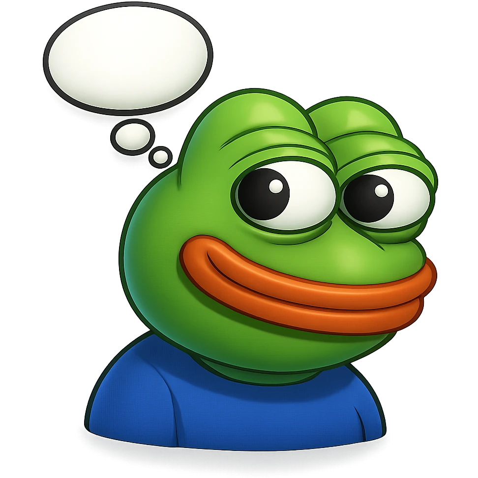 make a pepe in bright green smiling with thought bubble looking at right left in 3d style, good highlights and shadows, drop shadows emoji