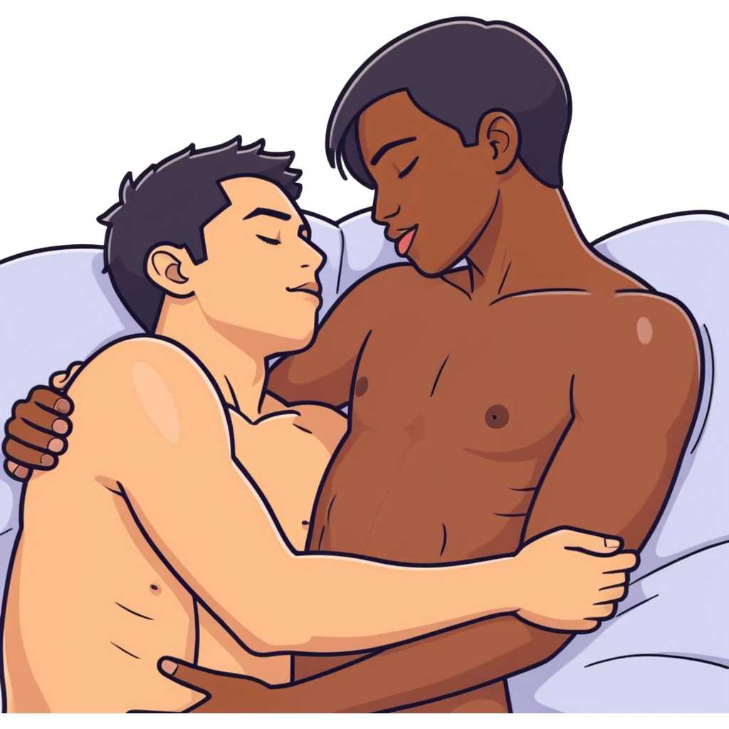 I398.67(((White adult male dark hair))) ,(((Dark skin  adult male))), naked, ((( sexual touching genitals))) , intercourse,spooning, kissing eyes closed tongue open mouth ,penis view, erotic rubbing body, hand job emoji