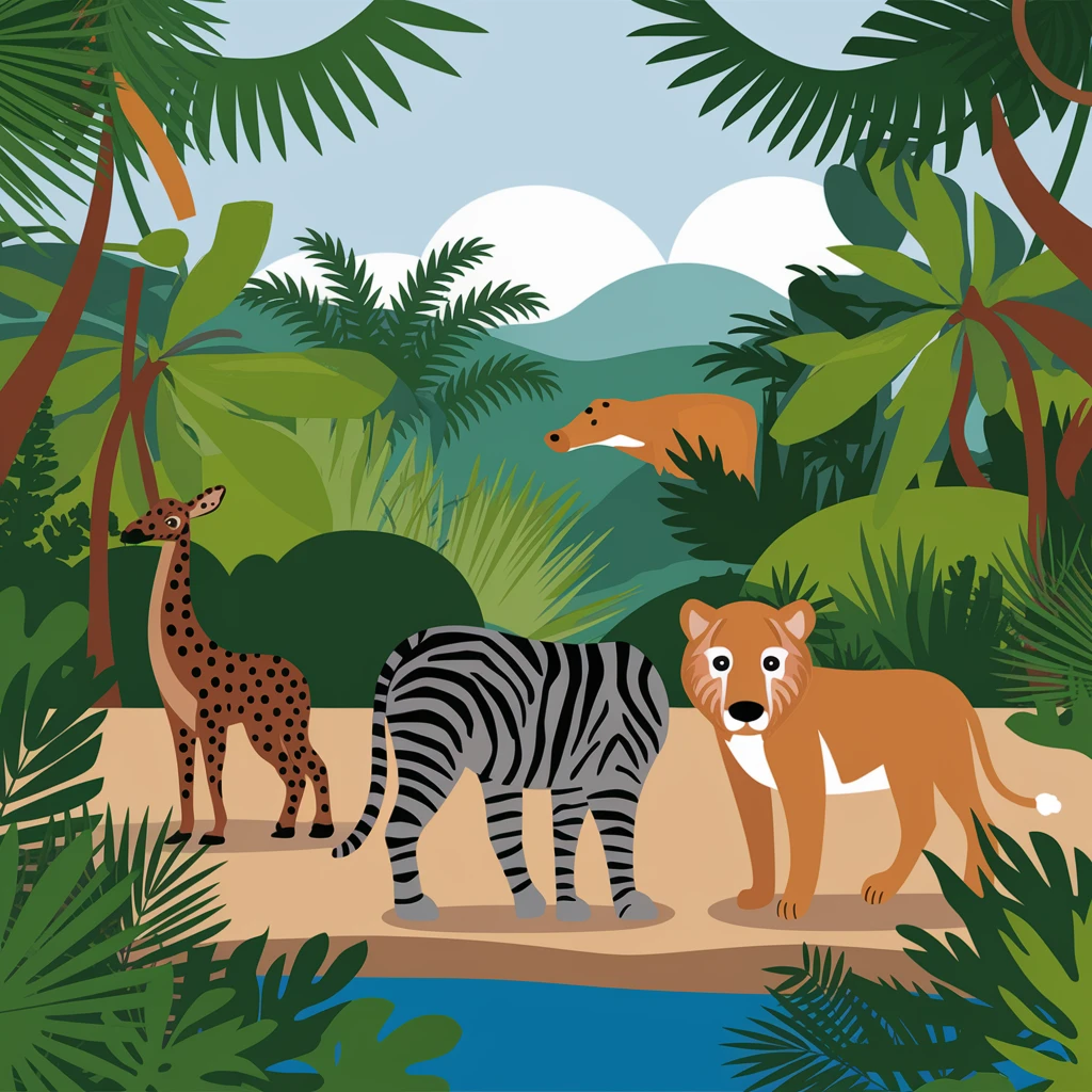digital illustration of jungle safari in the style of children's story book emoji