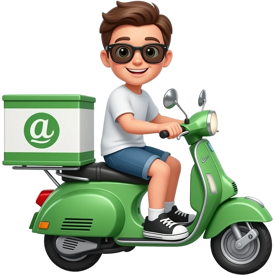 happy boy with sunglasses driving a green delivery scooter emoji