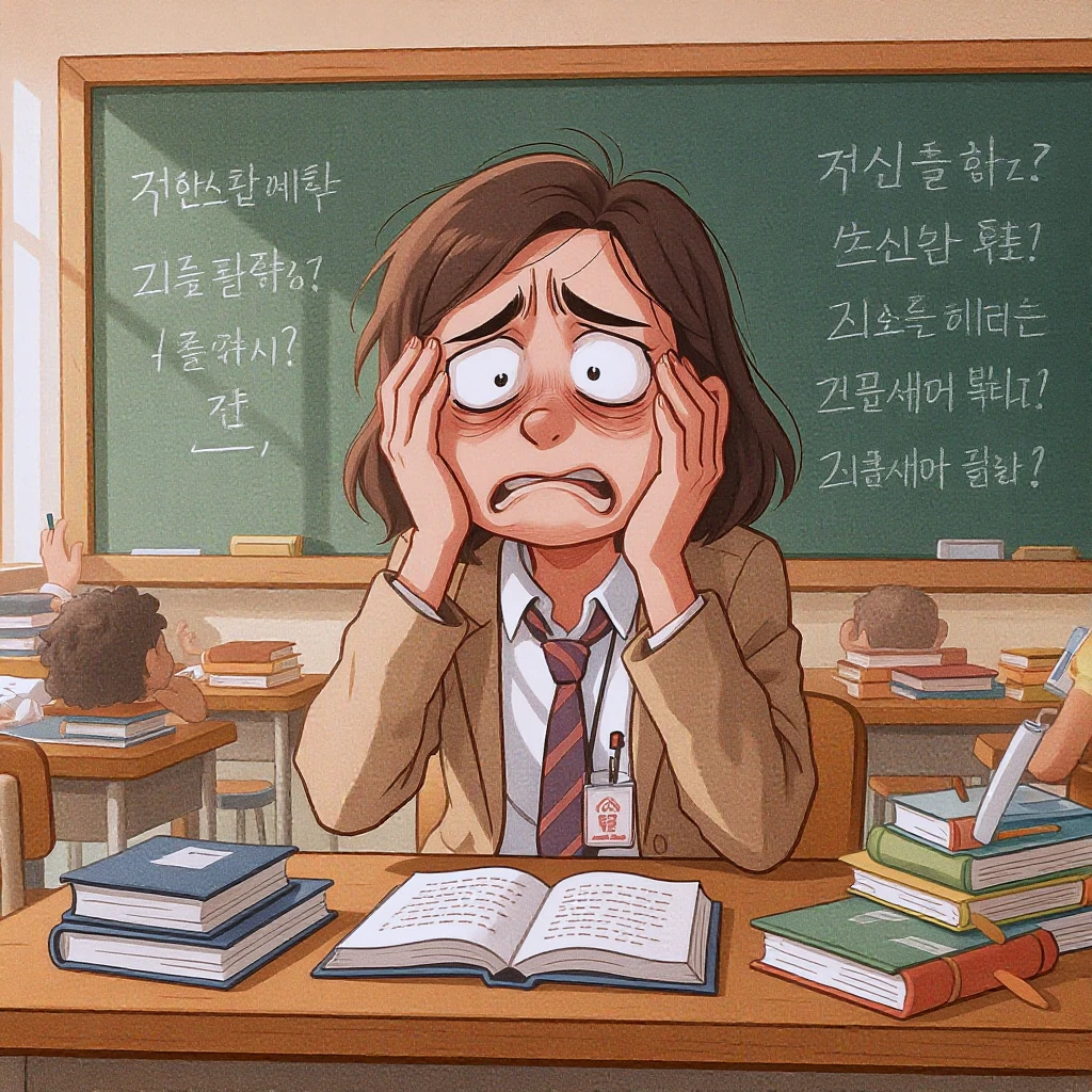 vector cartoon art of a exhausted teacher in a bustling classroom emoji