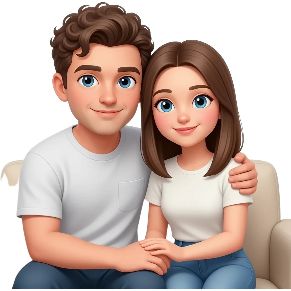 Realistic white man brown super short curly hair cuddling with realistic white girl brown straight hair on couch emoji
