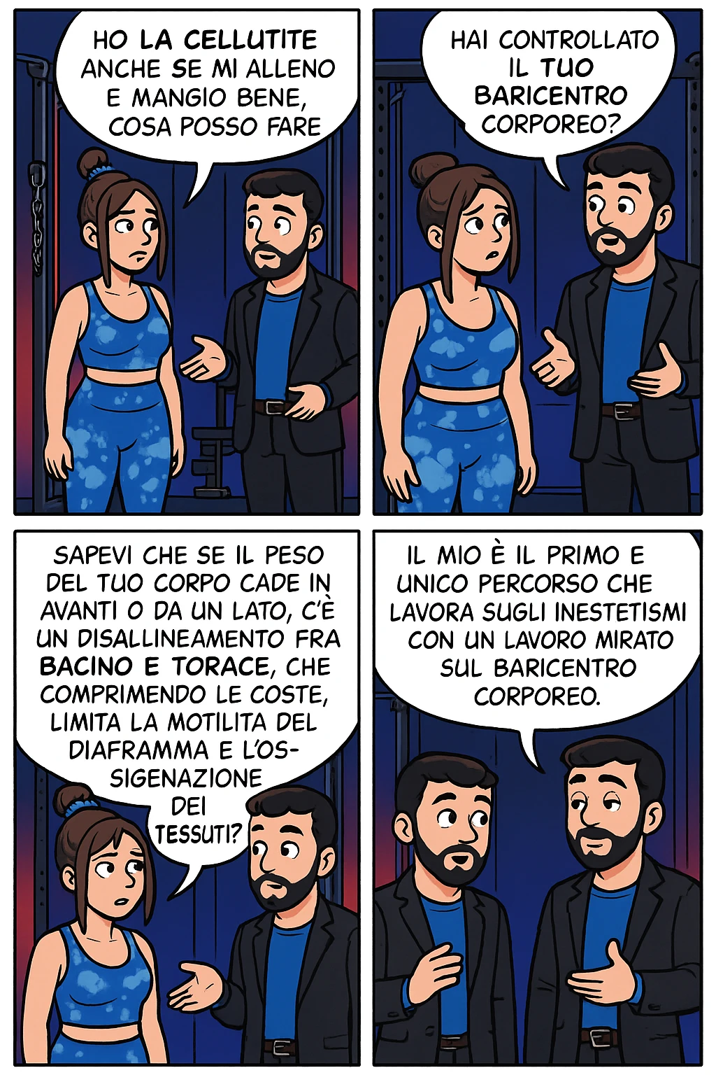 TRASFORMA QUESTO CAROSELLO IN UN FUMETTO STILE FUMETTO TOPOLINO CON QUESTE DUE PERSONE IDENTICHE CHE INTERLOQUISCONO TRA LORO:

LEI: Ho la cellulite anche se mi alleno e mangio bene, cosa posso fare?

LUI: Hai controllato il tuo baricentro corporeo?
LUI: Sapevi che se il peso del tuo corpo cade in avanti o da un lato, c’è un disallineamento fra bacino e torace, che comprimendo le coste, limita la motilità del diaframma e l’ossigenazione dei tessuti?
LUI: Il mio è il primo e unico percorso che lavora sugli inestetismi con un lavoro mirato sul baricentro corporeo. emoji