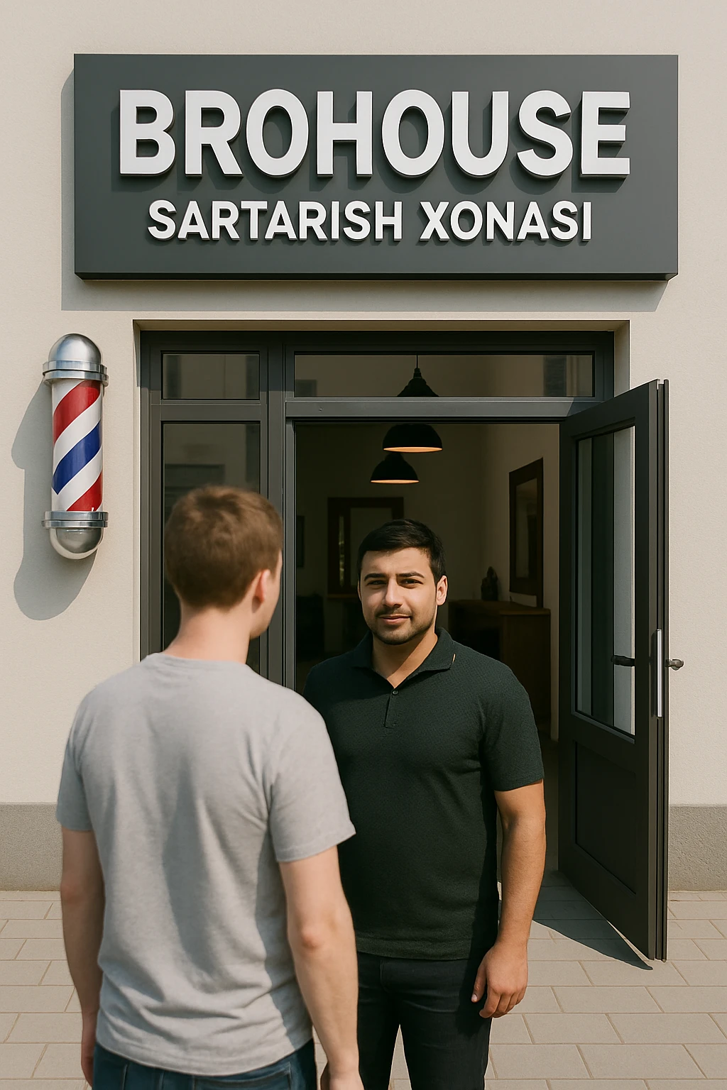 eni shu rasimga manashu odamga uxhshasin sartaosh eshik oldida tursin va tashqarida esa mijoz emoji