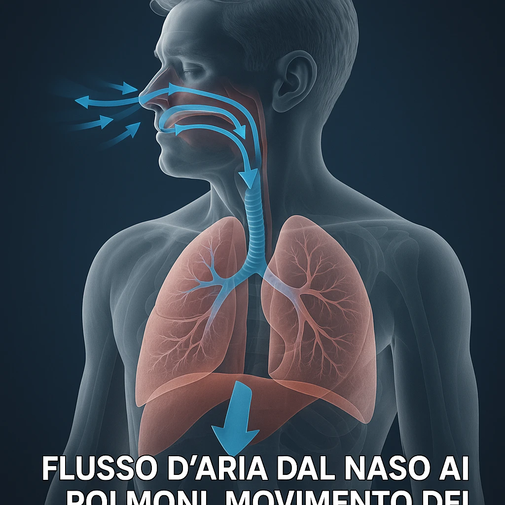 3D transparent view showing airflow from nose to lungs, diaphragm movement, caption in Italian emoji