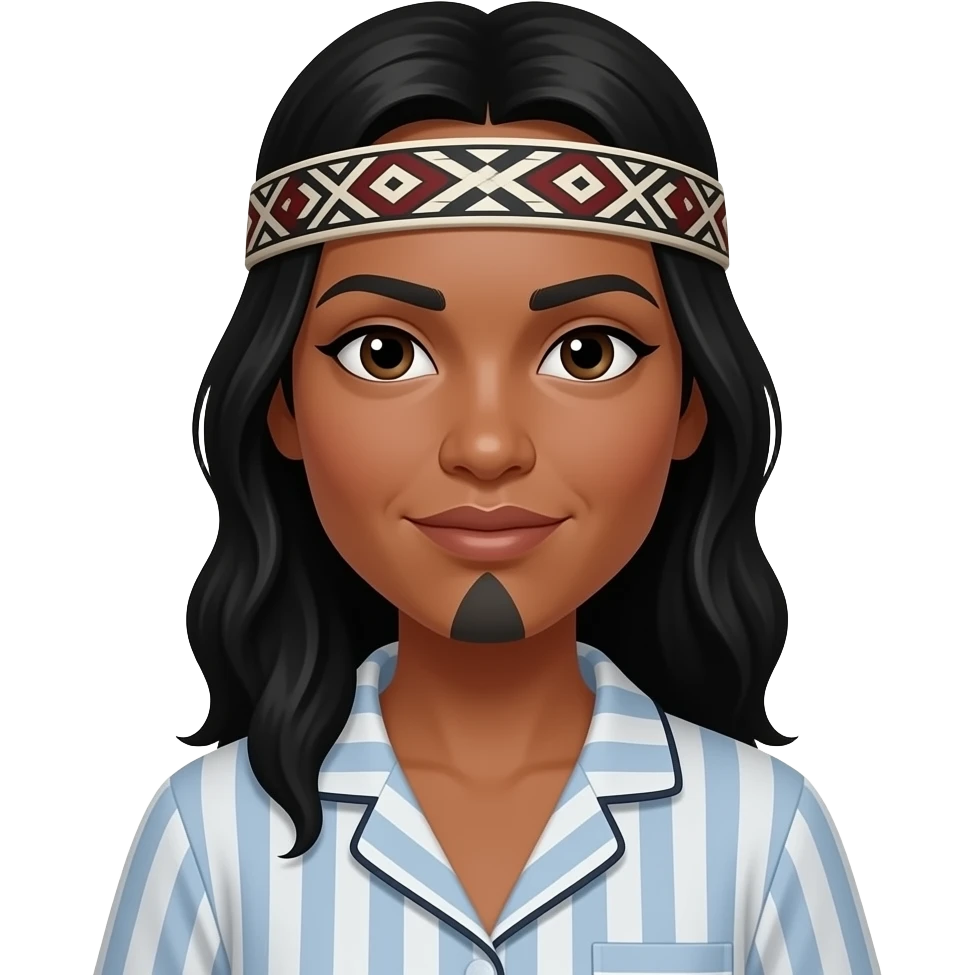Maori warrior female with moko Kauwae on chin only dark skinned Taniko headband No tattoo around mouth doing a pyjama emoji