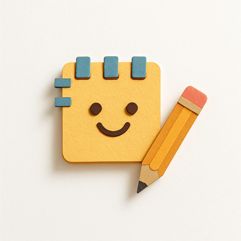 minimalist happy notebook with pencil, symbolizing daily writing and reflection, paper craft style emoji