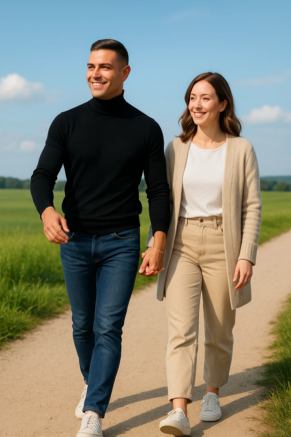 a couple walks together along a path, the man gently leading the way while the woman follows with trust and a smile. Both appear confident and content, symbolizing partnership and mutual respect. The background is a bright, open landscape, evoking a sense of shared journey and harmony. emoji