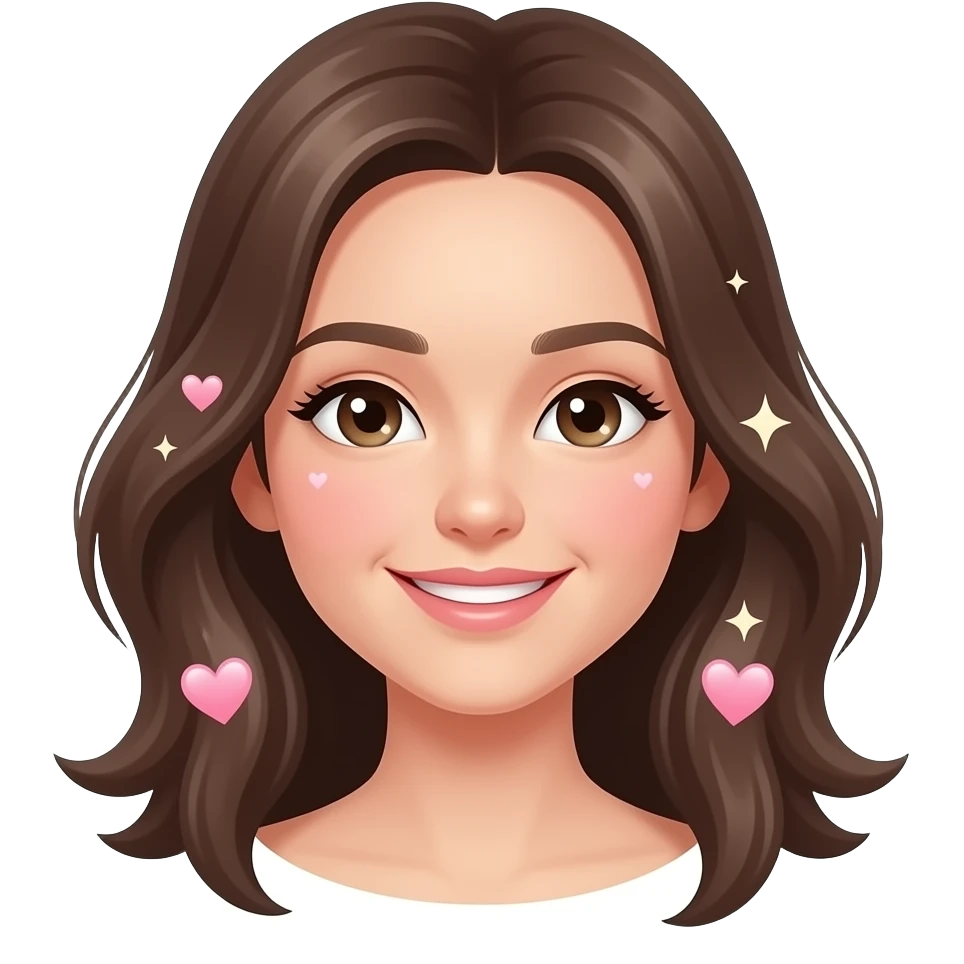 Rostinho feminino com sorriso leve, olhos brilhantes, bochechas rosadas, cabelo solto e um ✨ + 💖 delicados. emoji