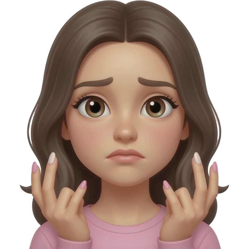 aesthetic emoji girl, indessition expression, trendy nail art, soft pink and nude tones, minimal makeup, clean background, soft lighting, girly aesthetic, 3D emoji style, high detail emoji