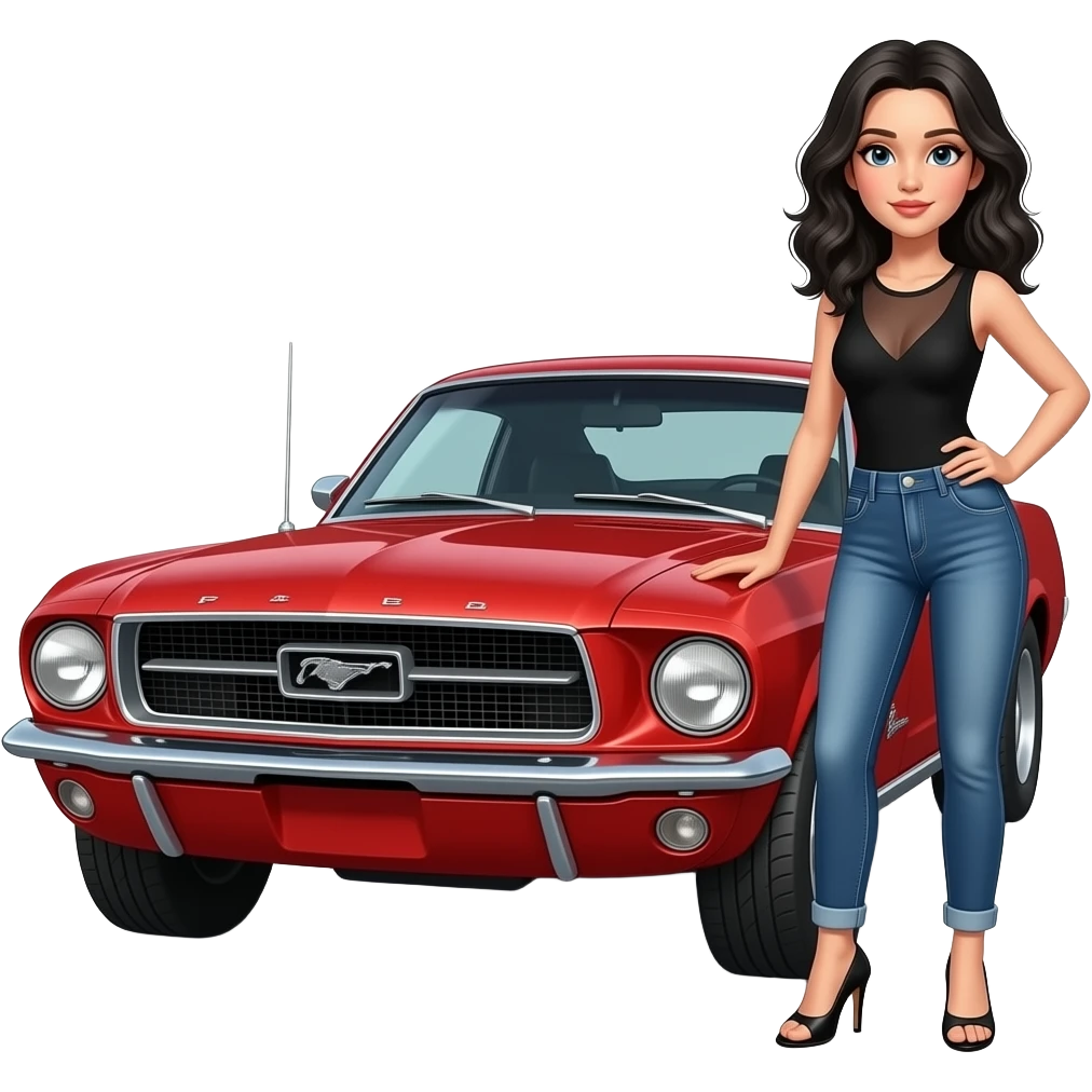 Pale girl with black wavy hair standing on the front right of a red Ford Mustang 1968 coupe. Girl wearing a sheer black sleeveless top with a medium neckline, jeans and heels with visible toes. Right hand on the hood and left hand on her waist. emoji