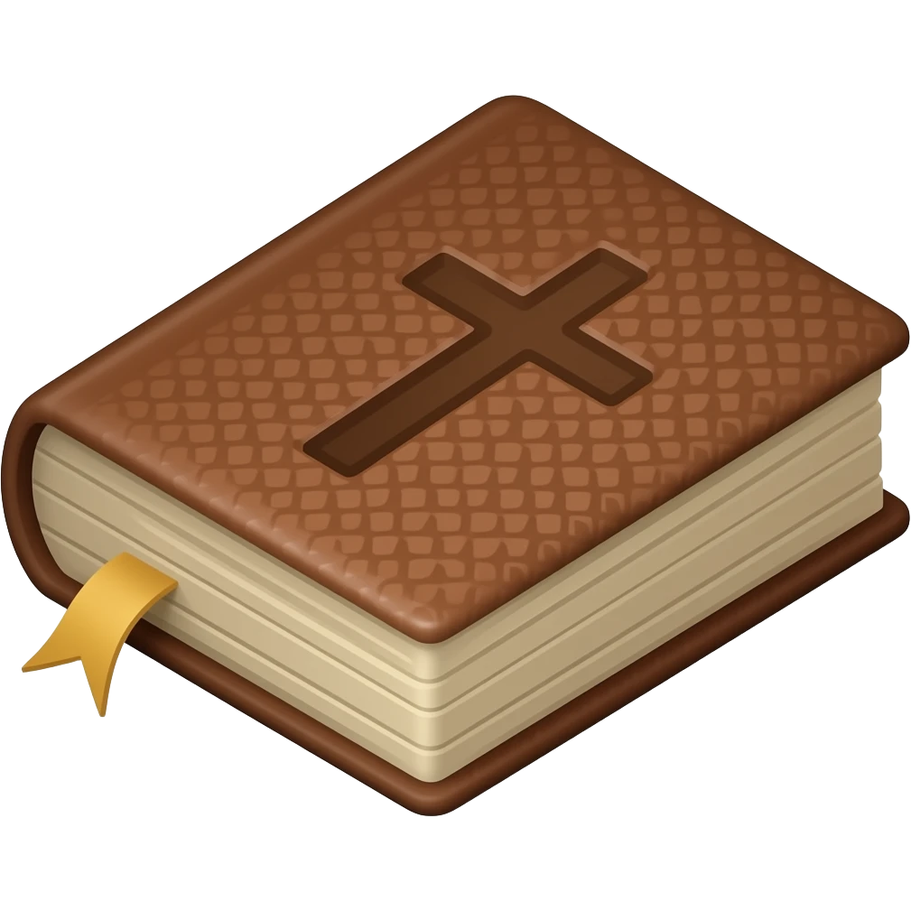 a 3D isometric, almost standing up, brown covered bible with a Christian cross on it. emoji