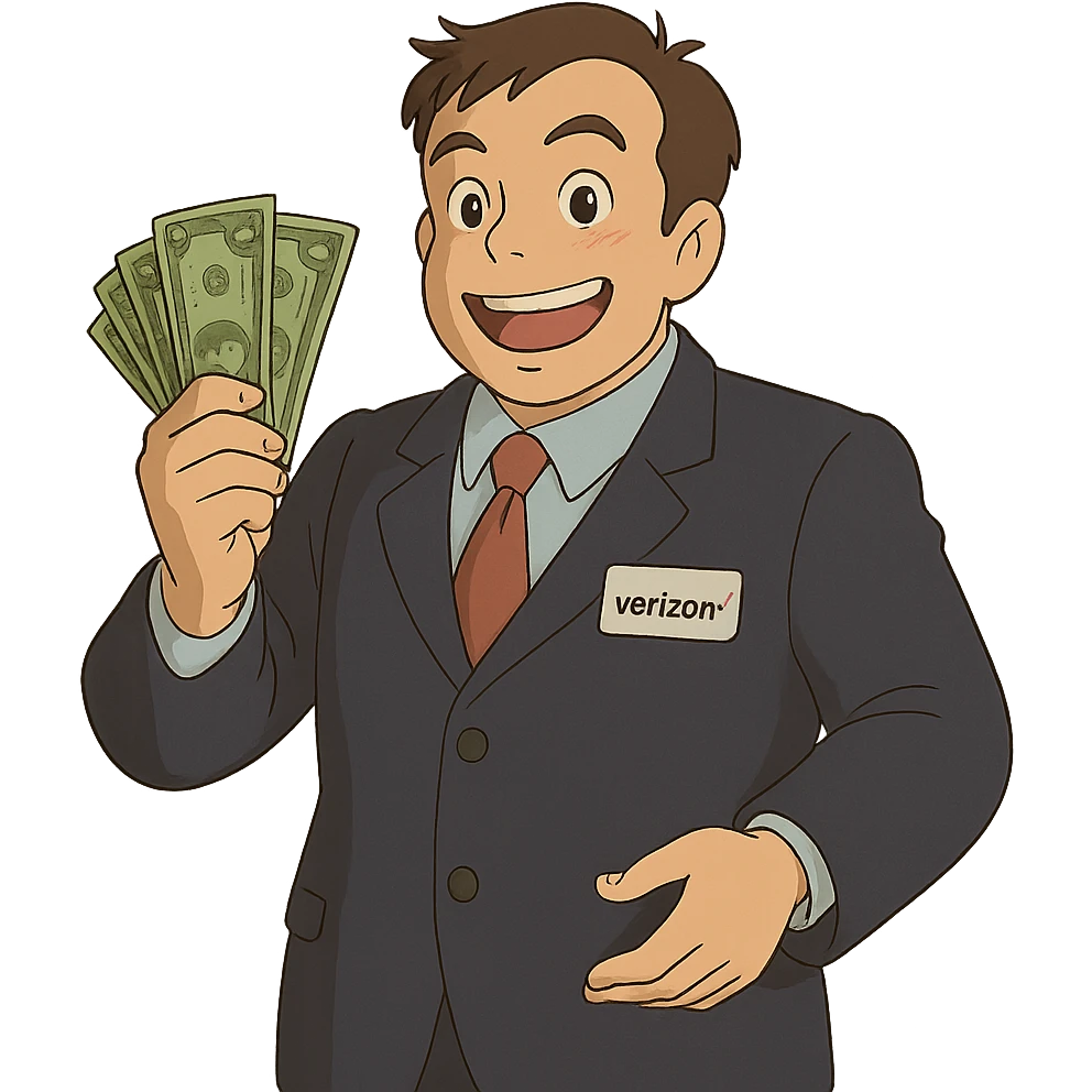 ghibli style Verizon sales man with money emoji