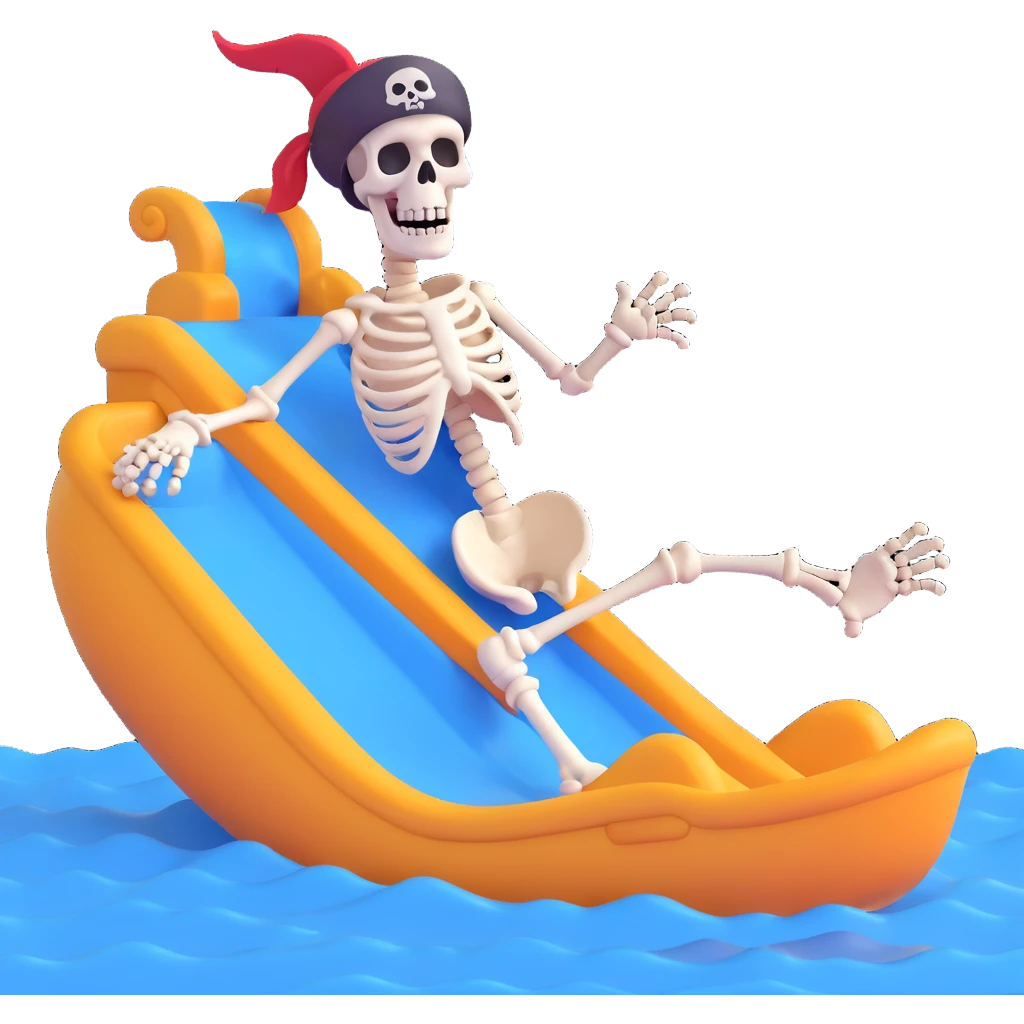 Make the pirate a skeleton pirate, keep the 3D emoji style, joyful expression, on a water slide. emoji