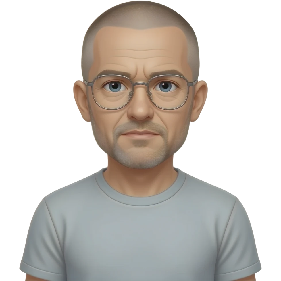 t shirt sad almost bald shaved short hair full-length photo of extreme streetwear clean-shaven face cool boy thin metal-framed glasses ery entellectual man, 65 years old, street wear stubble, shaved short with clippers emoji